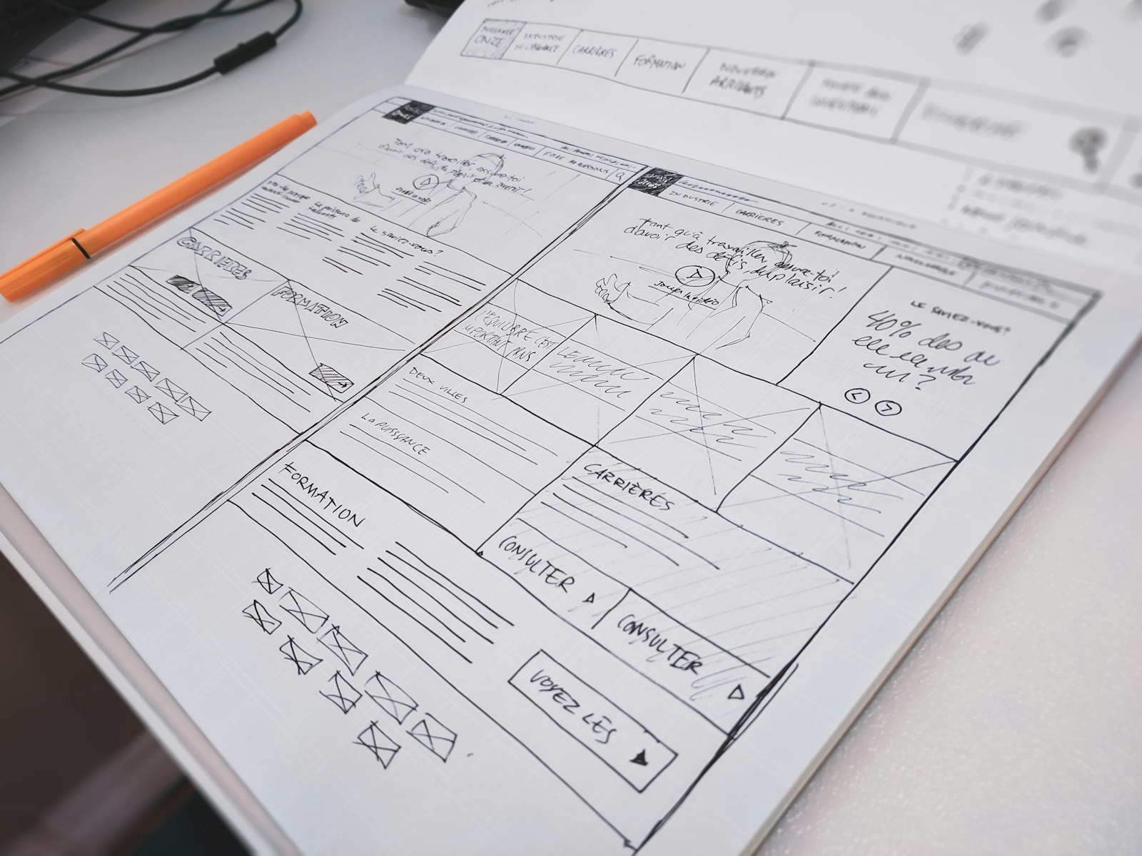 A hand-drawn wireframe of an application on a desk