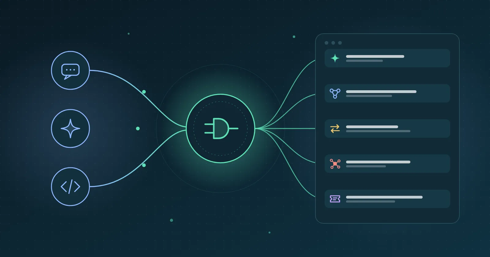 Illustration: AI assistants connected through a central plug, symbolizing the MCP protocol, to five tools in an enterprise application.